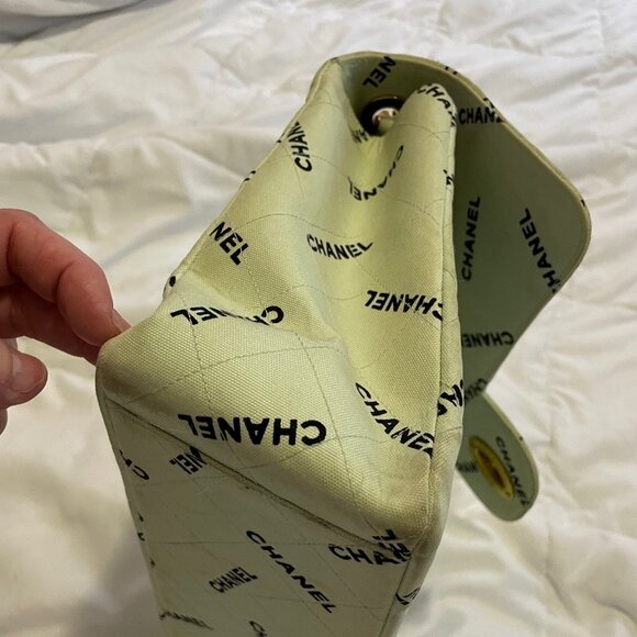 Vintage Chanel Light Mint Green Maxi Jumbo Logo Pattern Quilted Cotton Shoulder - Picture 8 of 15